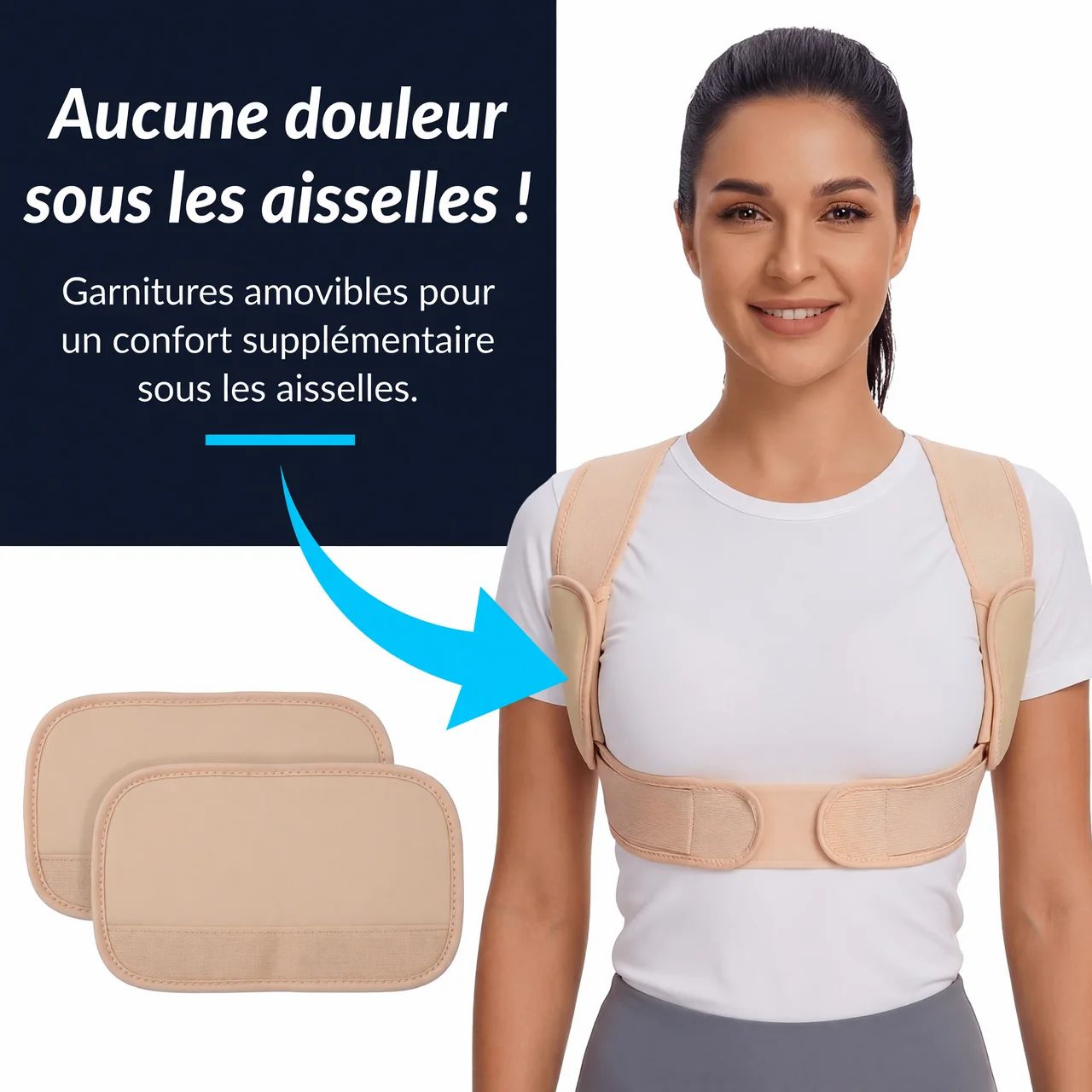 Beige Rückenbandage mit zwei abnehmbaren Polstern. Text: Keine Schmerzen unter den Achseln!