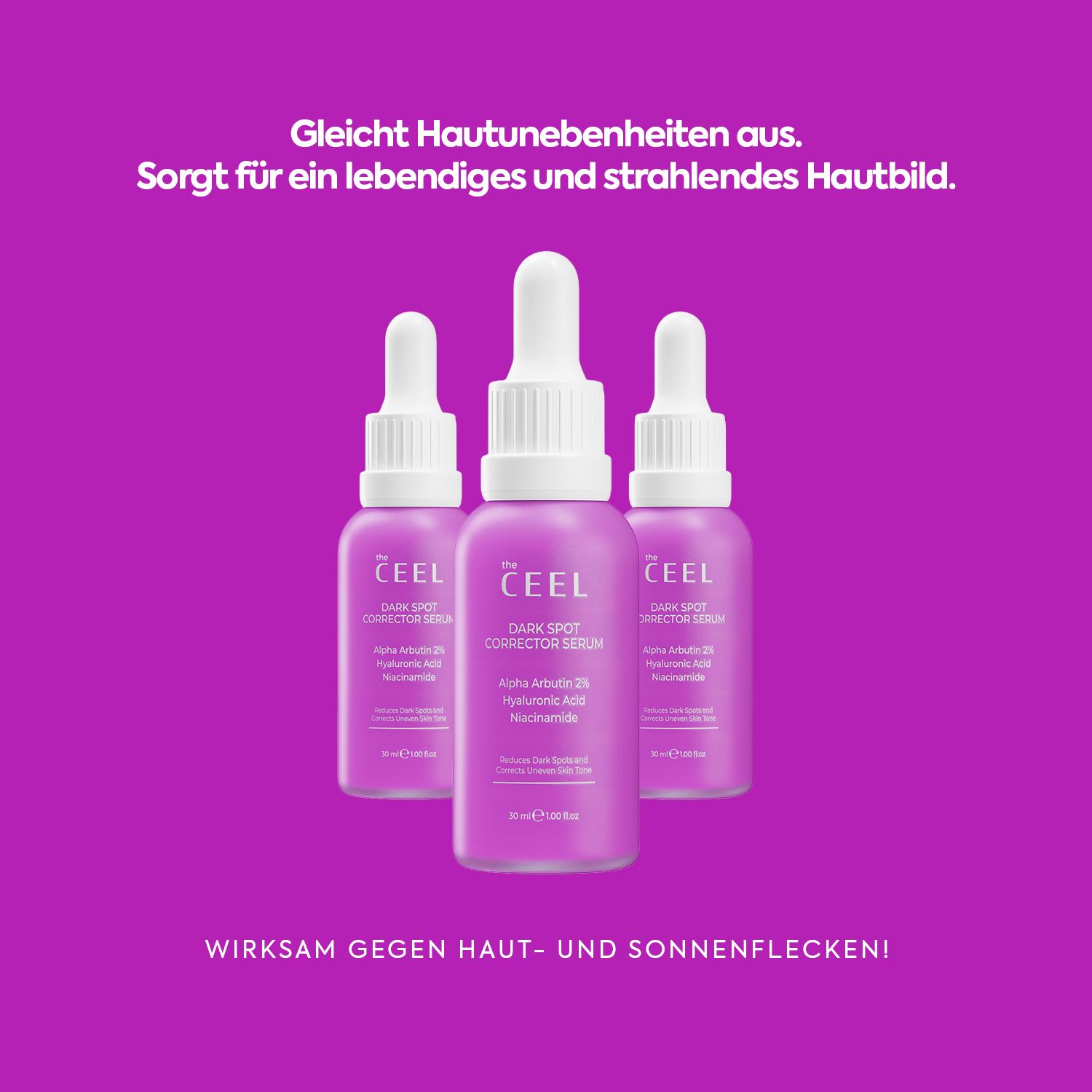 Drei lila Flaschen des THE CEEL Anti Dark Spot Corrector Serums auf lila Hintergrund.