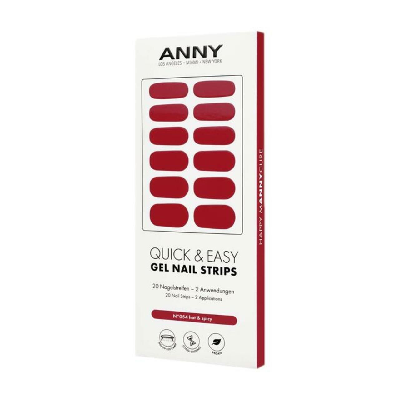 Verpackung mit ANNY Quick & Easy Gel Nail Strips. Rote Nagelstreifen, 20 Stück, in roter Verpackung.