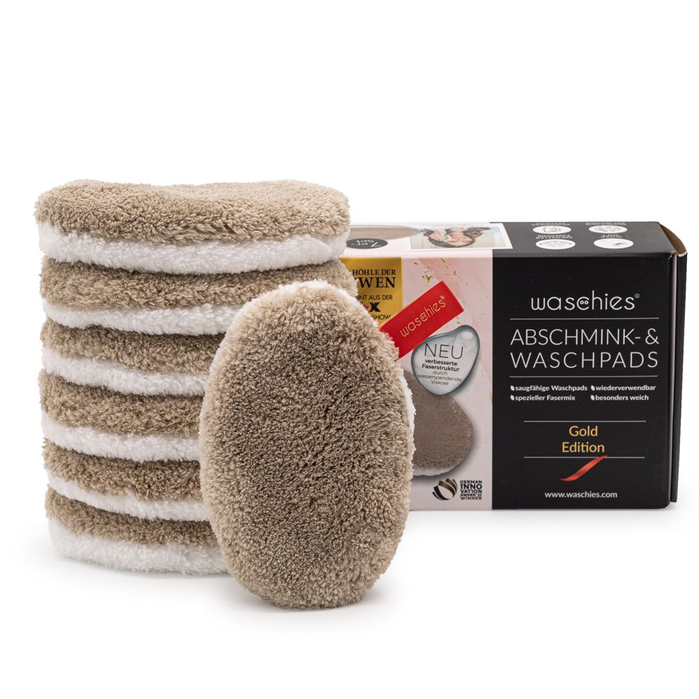 Beige Abschminkpads, 7er-Set, mit weißem Rand. Verpackung mit Produktname und Logo.