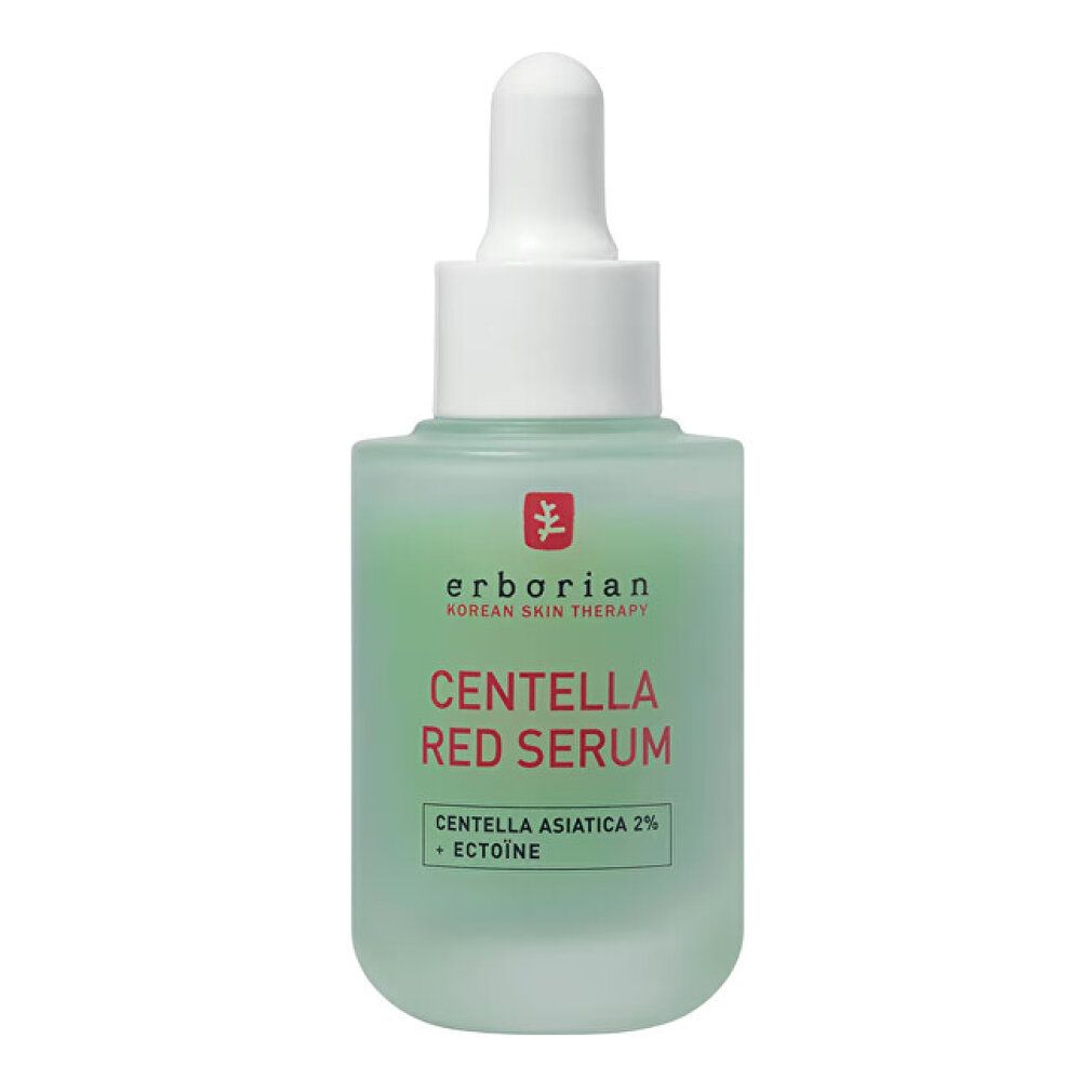 Erborian Centella Red Serum Flakon mit Pipette. Grüne Flüssigkeit, weiße Pipette und Verschluss. Roter Text auf dem Etikett.