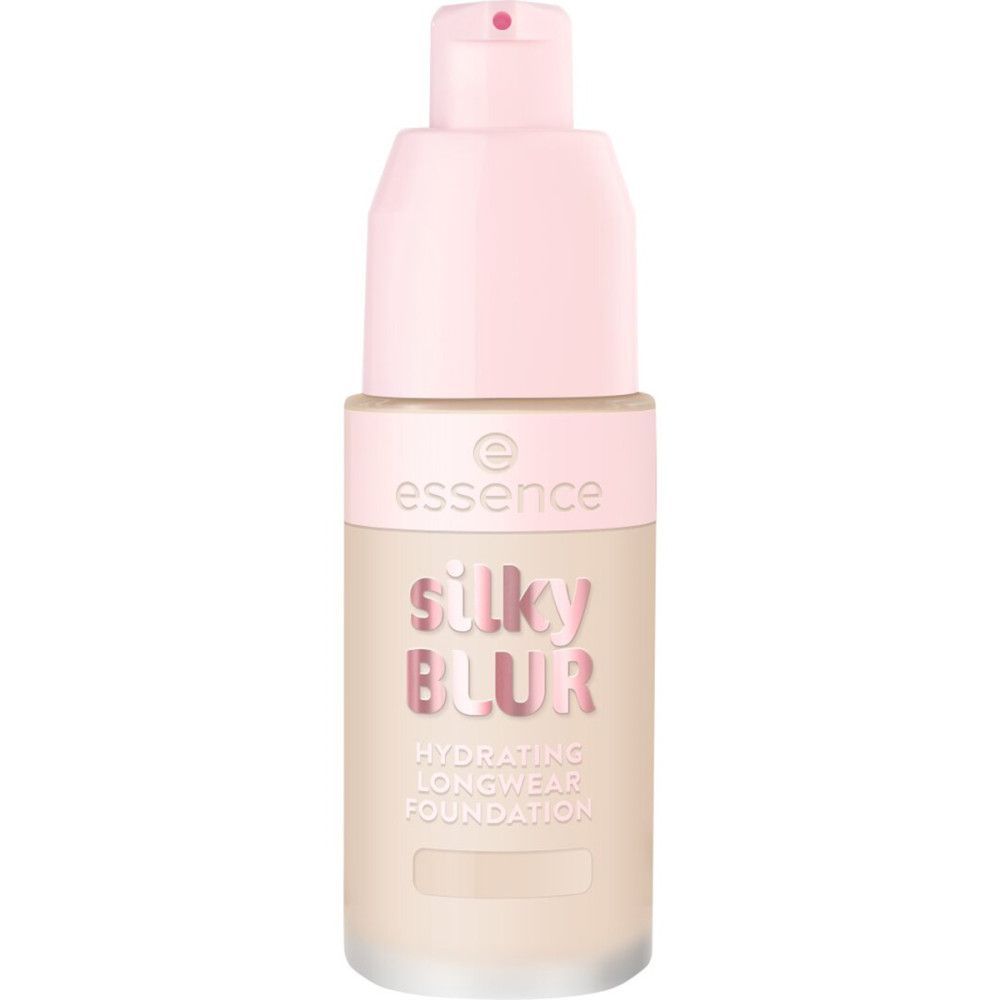 Foundation-Flakon mit rosa Deckel und Pumpe. Aufschrift: Silky Blur, Hydrating Longwear Foundation. Marke: Essence.