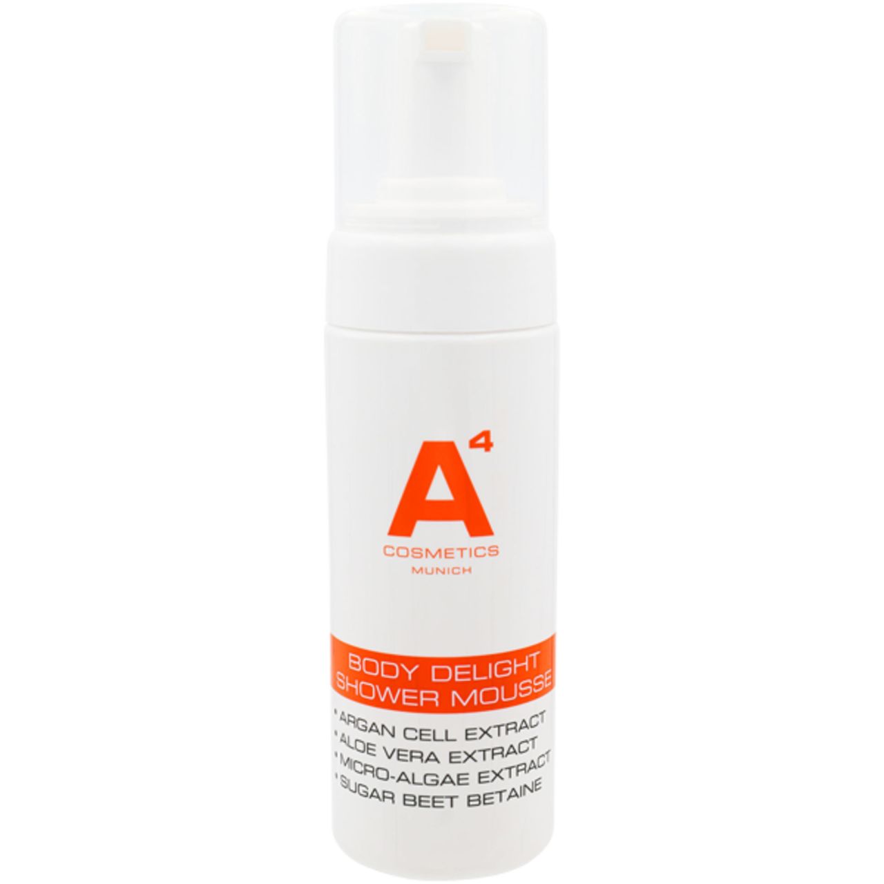Weiße Flasche mit orangefarbenem Logo und Text. A4 Cosmetics Body Delight Shower Mousse. Transparenter Deckel.