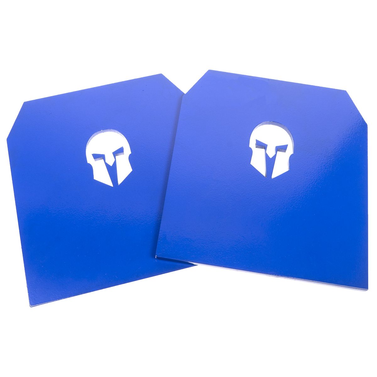 Zwei blaue Stahlplatten mit weißem Helm-Logo. Eckige Form mit abgeschrägten Kanten. Für Gewichtswesten.