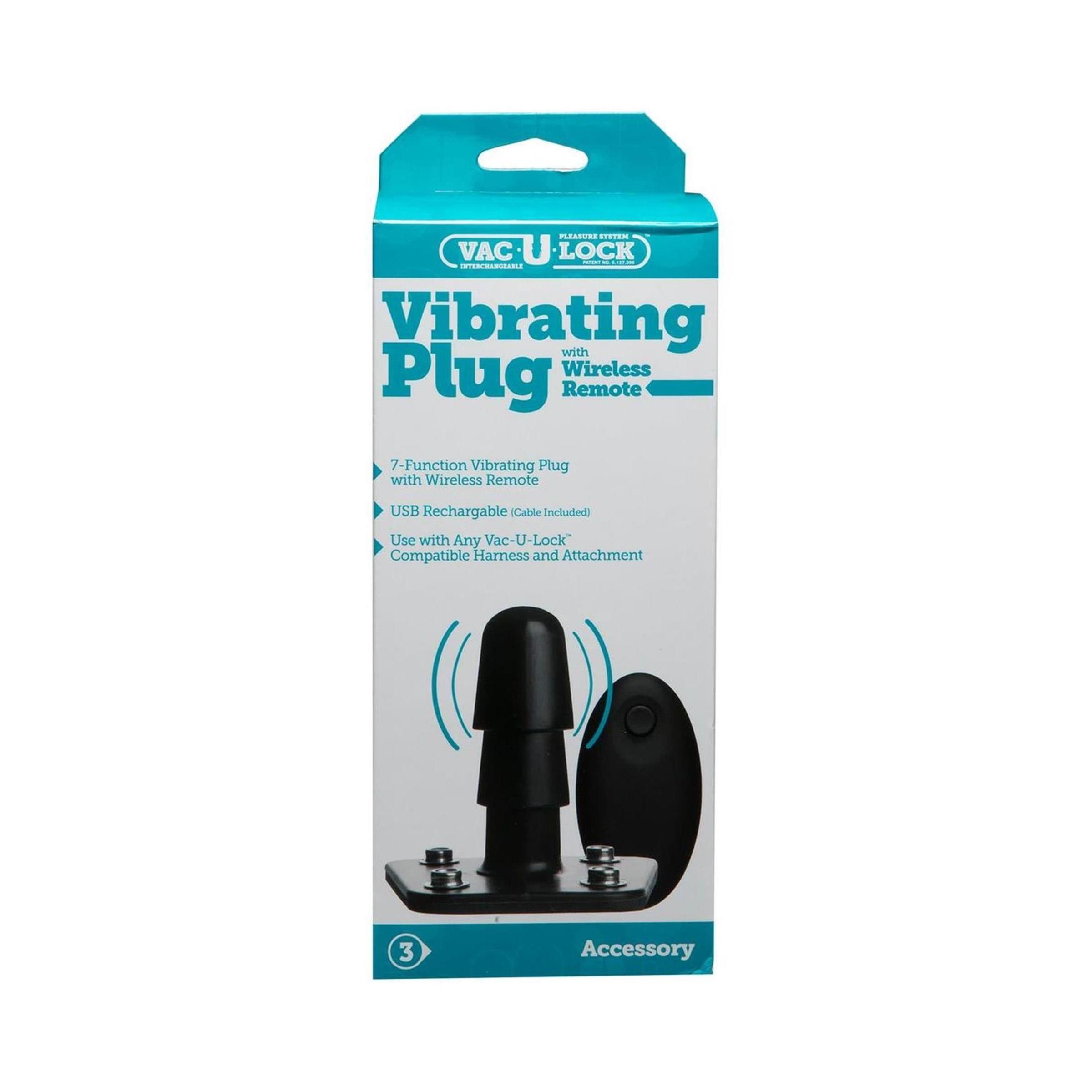 Verpackung mit Vibrations-Plug und Fernbedienung. Text: Vibrating Plug, Wireless Remote. Zubehör.