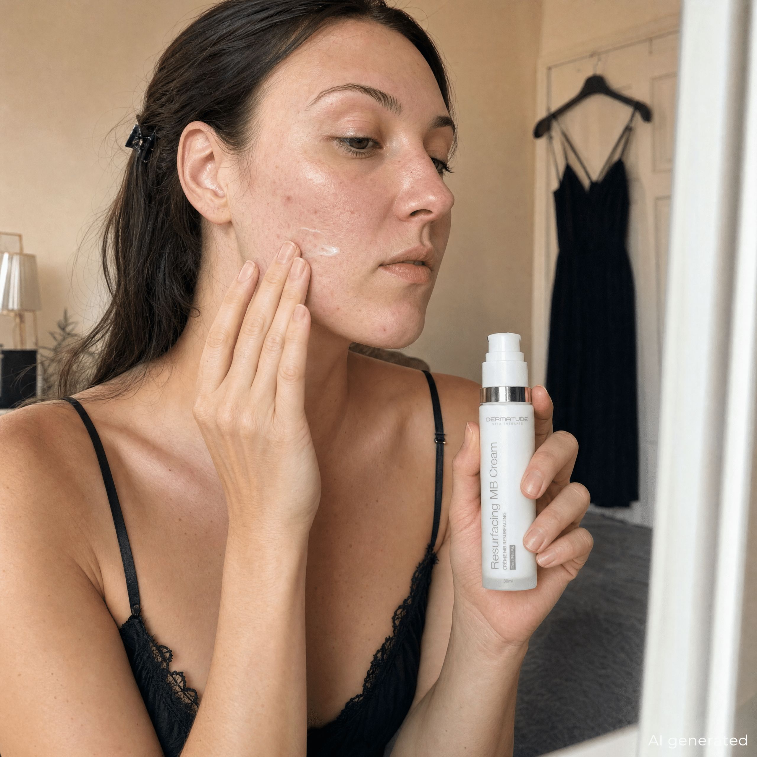 Frau trägt eine weiße Creme auf ihr Gesicht auf und hält einen Spender mit der Aufschrift "Resurfacing MB Cream".