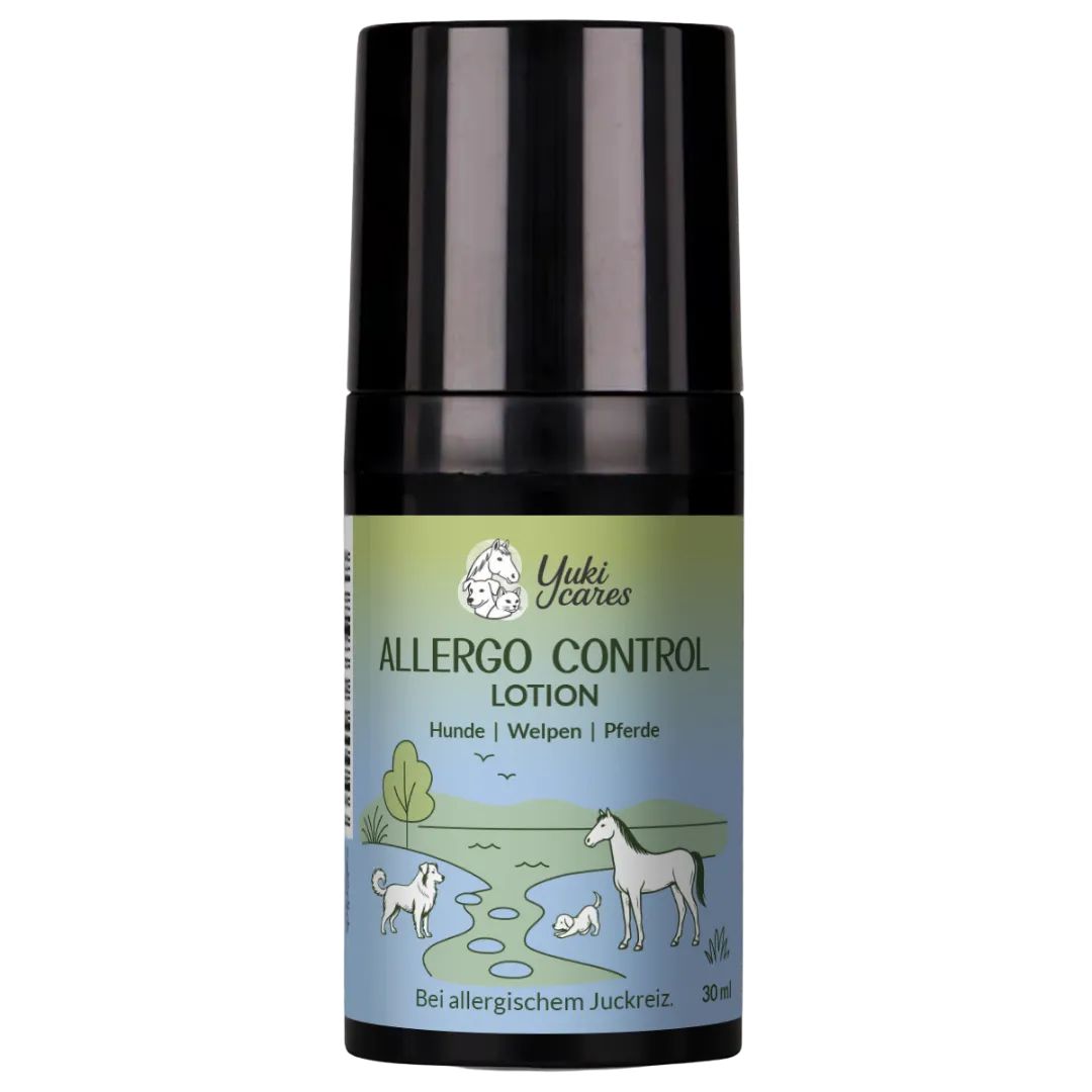 Lotion-Flasche mit schwarzem Deckel. Text: Allergo Control Lotion für Hunde und Pferde. Illustrationen von Hunden und Pferden.