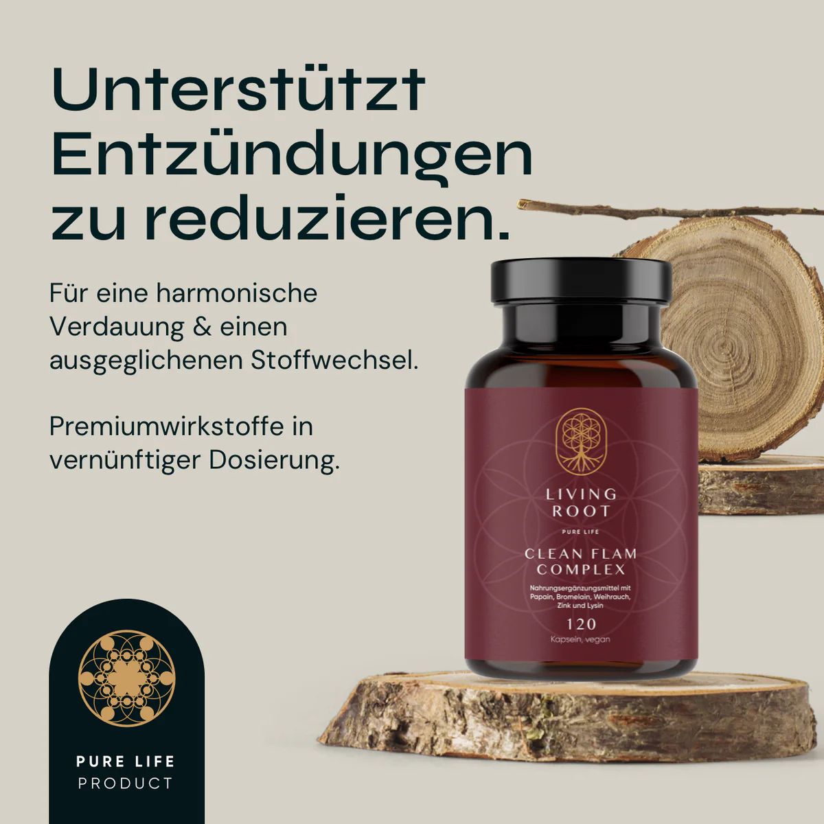 Braune Glasflasche mit Kapseln. Aufschrift: Living Root Clean Flam Complex. 120 Kapseln. Auf Holzstücken platziert.