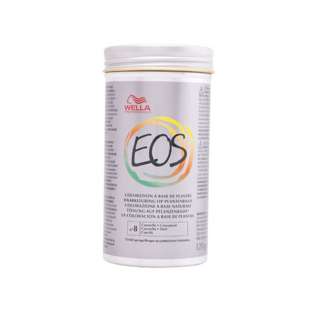 Zylindrische Dose mit Deckel. Aufschrift: Wella, EOS, Coloration à base de plantes, Nr. 8, Zimt. Logo und Text.