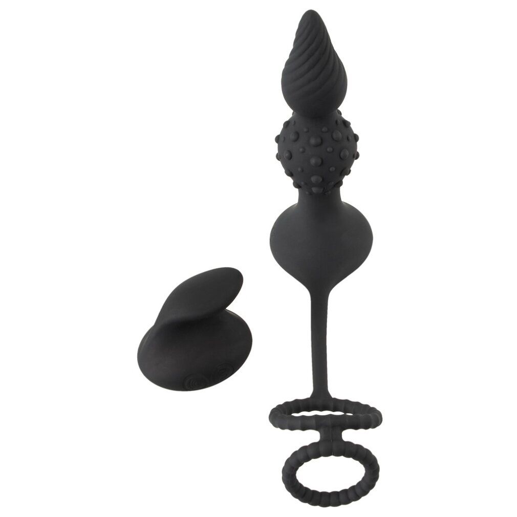 Schwarzes Wellness-Produkt mit Penisring und separatem Aufsatz. Mit strukturierten Oberflächen.