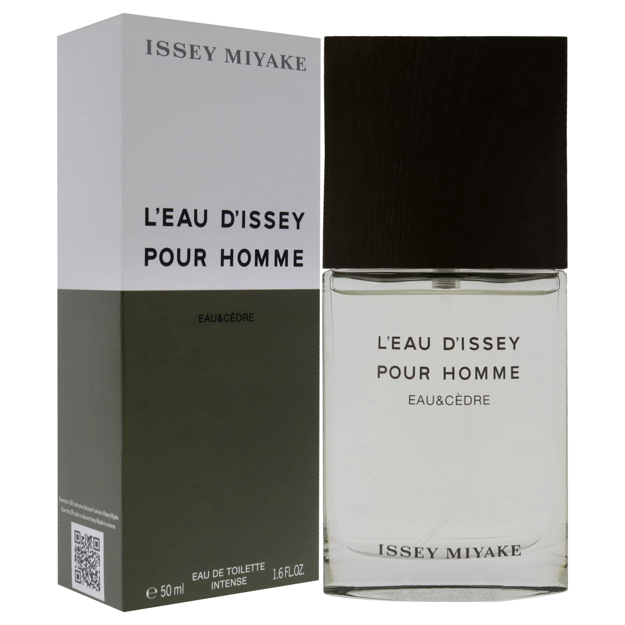 Glasflakon und Verpackung. Aufschrift: L'EAU D'ISSEY POUR HOMME, EAU&CÈDRE, ISSEY MIYAKE. EAU DE TOILETTE INTENSE, 50 ml, 1.6 FL.OZ.