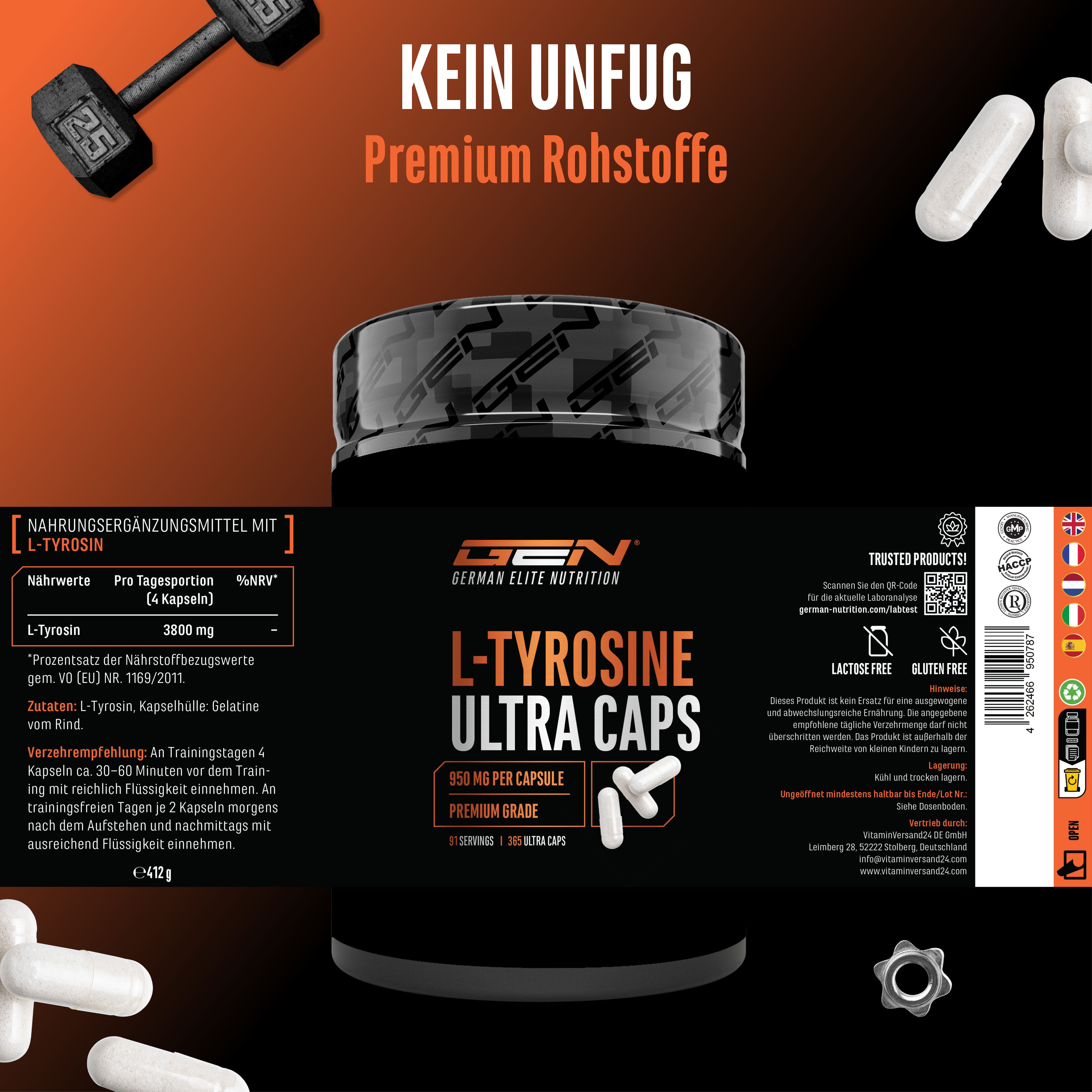 Produktabbildung von L-Tyrosin Ultra Caps. Dose mit Kapseln und Informationen zu Inhaltsstoffen und Dosierung.