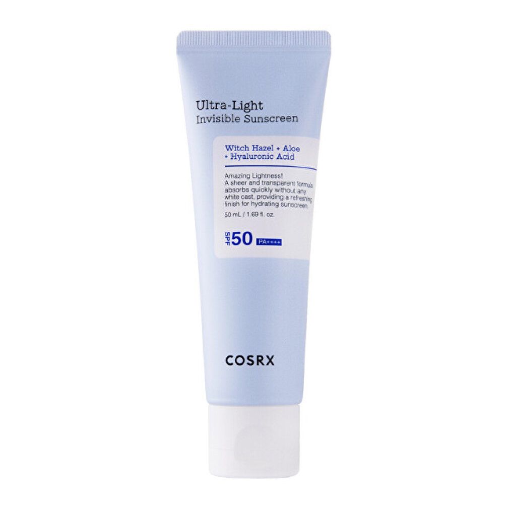 COSRX Ultra Light Invisible Sunscreen Tube mit SPF50+ und PA++++. Enthält Witch Hazel, Aloe und Hyaluronsäure.
