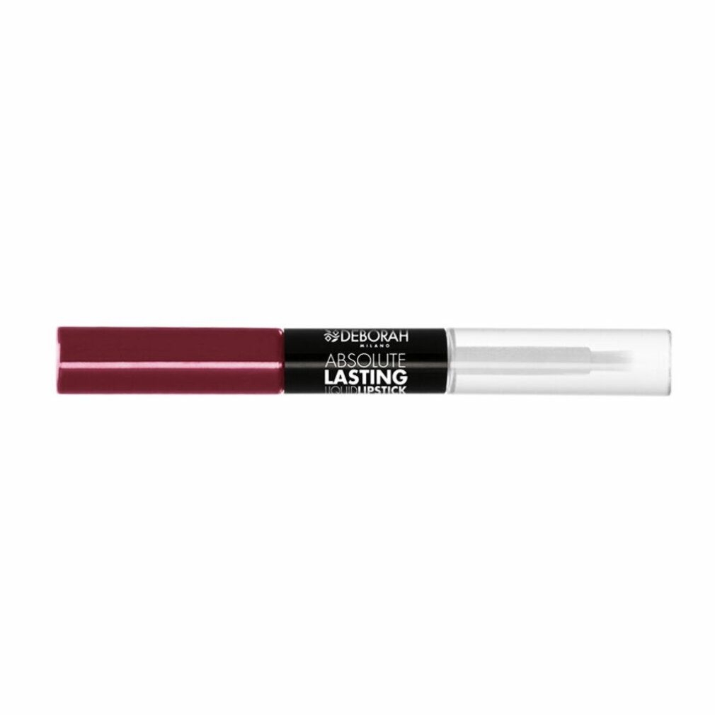 Doppel-Lippenstift. Dunkelroter Lippenstift und transparente Applikator-Seite. Schwarzer Mittelteil mit Schriftzug: Absolute Lasting Lipstick.