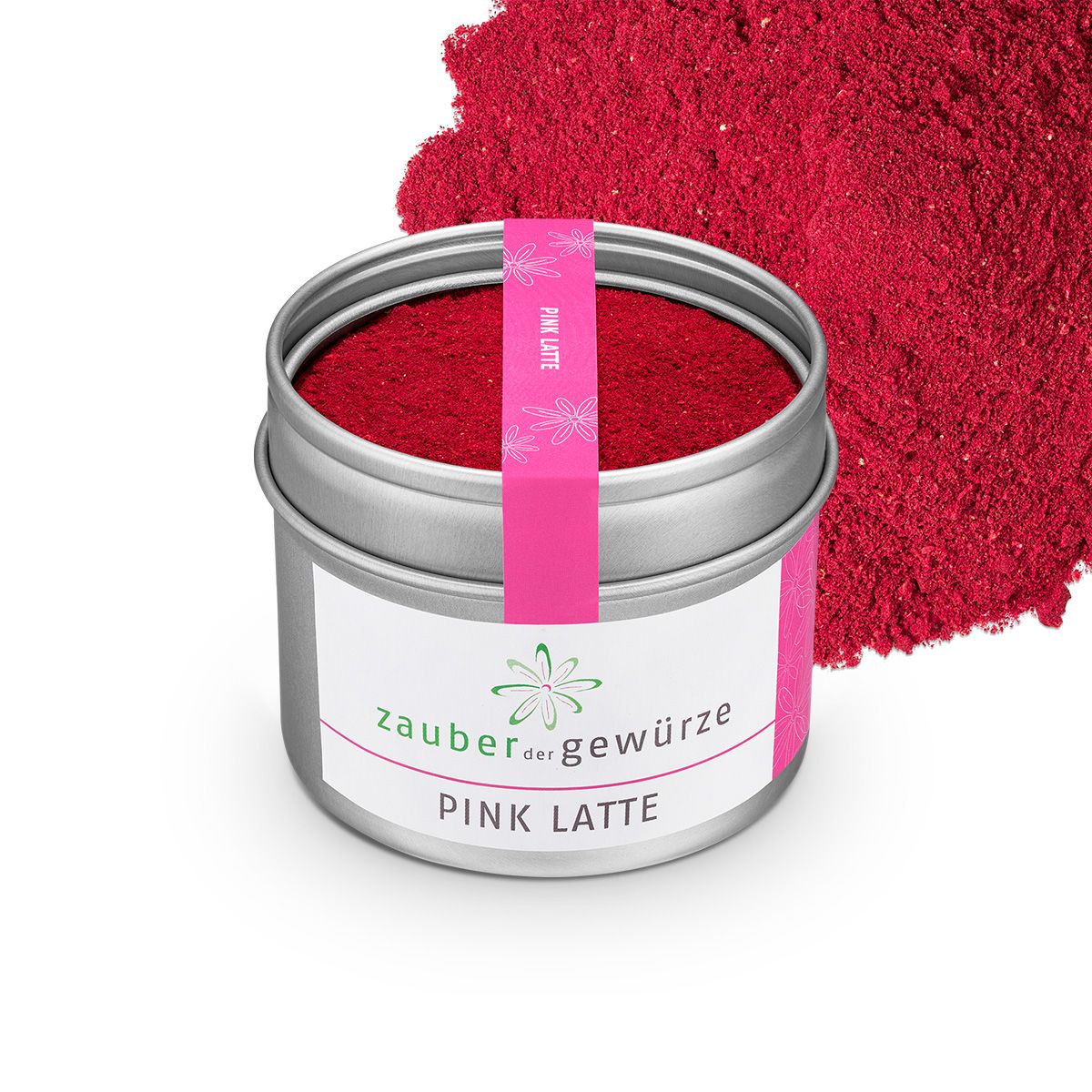 Runde Dose mit rosa Pulver, daneben rosa Pulver. Aufkleber "Zauber der Gewürze Pink Latte". Rosa Band mit "Pink Latte".