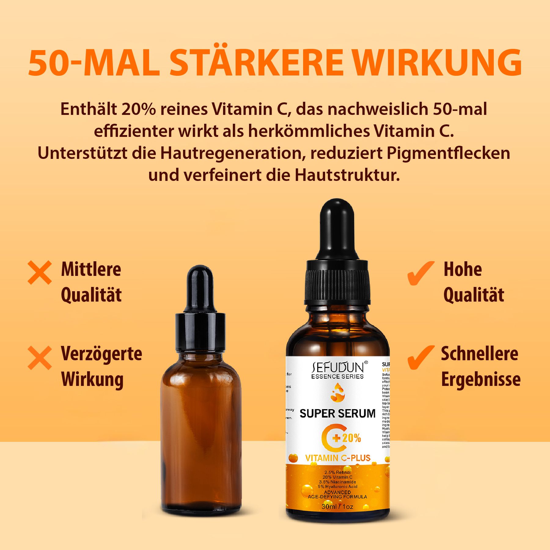 Zwei Serumflaschen. Text: 50-mal stärkere Wirkung. Enthält 20% reines Vitamin C. Vergleich: Hohe Qualität, schnellere Ergebnisse.