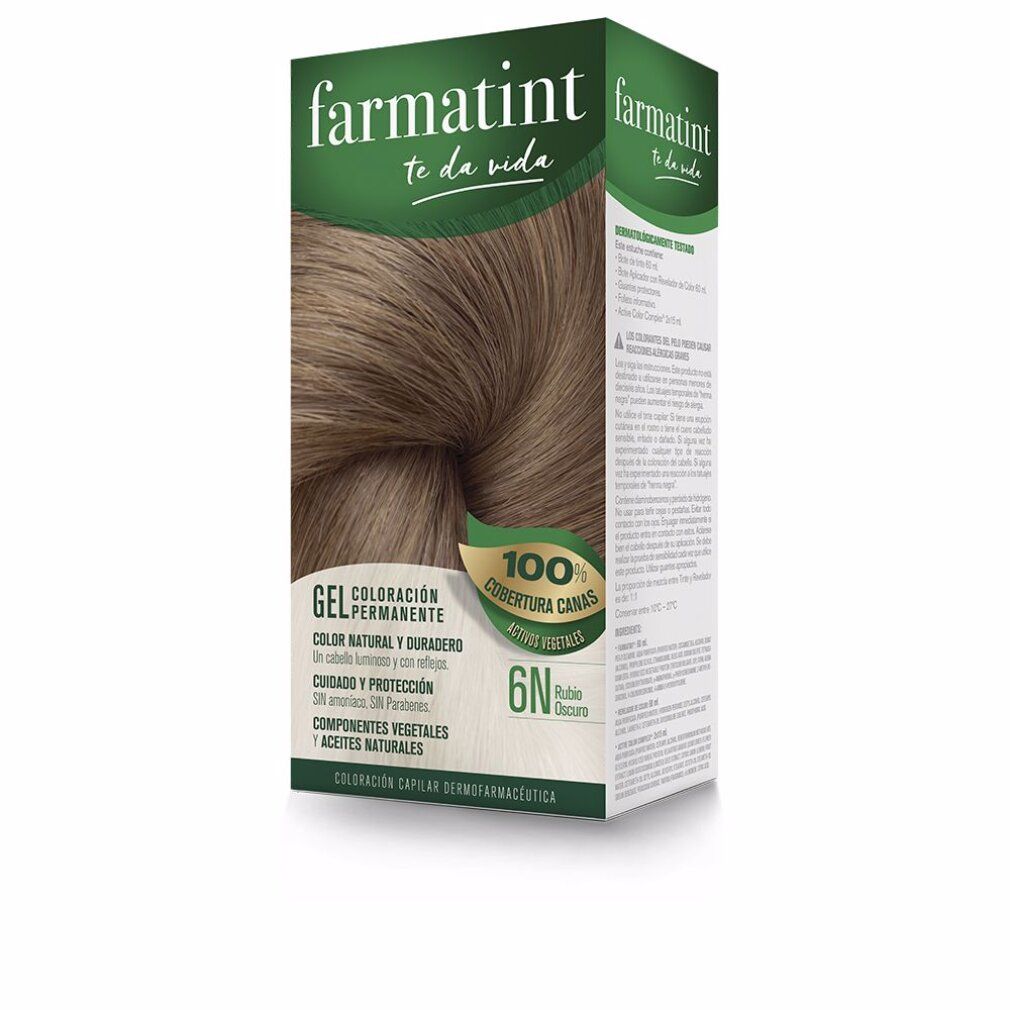 Farmatint-Haarfärbegel in Schachtel. Farbton 6N-Dunkelblond. 100% Grauhaarabdeckung. Gel-Formel. Natürliche Farbe und Glanz.