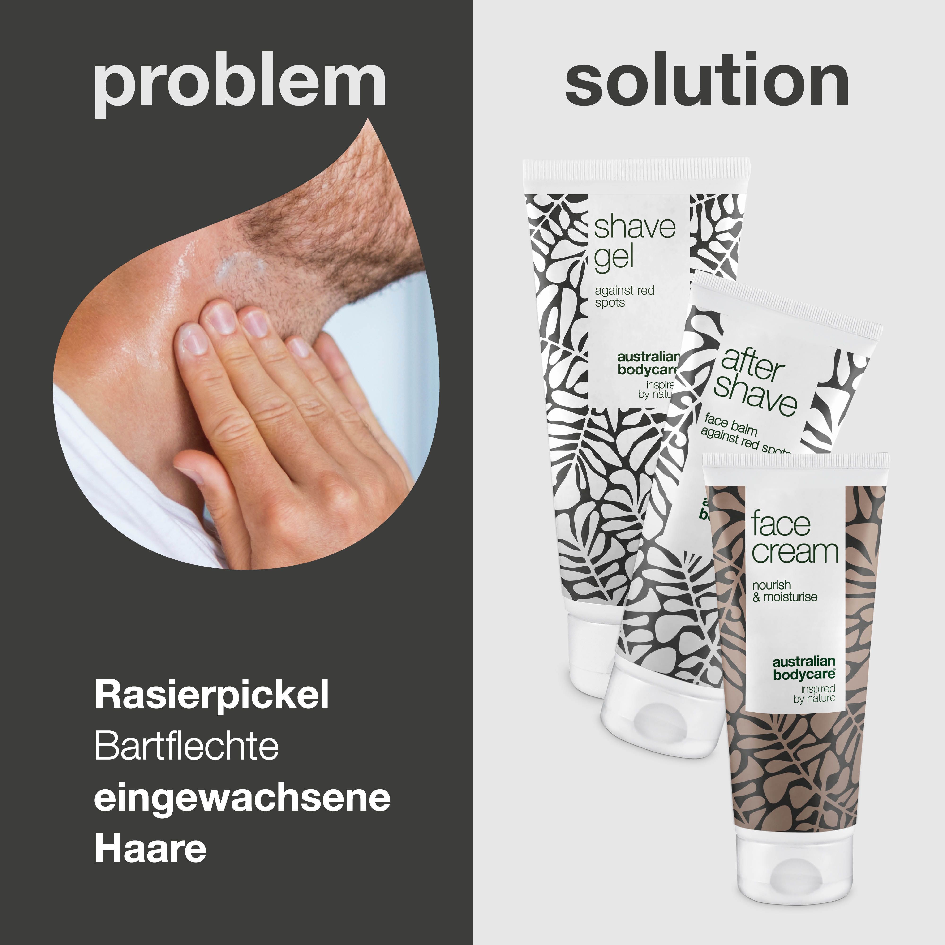 Vergleich: Problem und Lösung. Links: Mann berührt Hals. Rechts: 3 Tuben. Aufschrift: Shave Gel, After Shave, Face Cream.