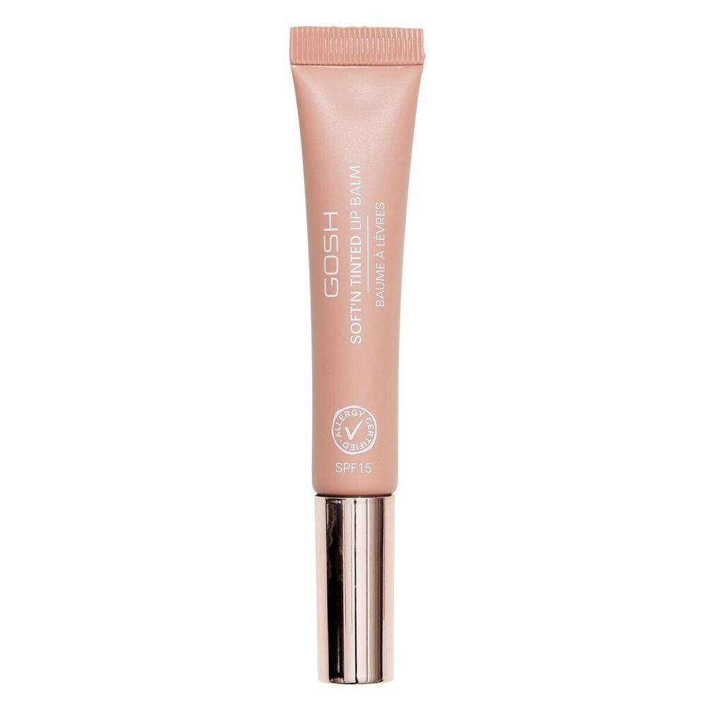 Lippenbalsam-Tube, rosa. Aufschrift: GOSH Soft'n Tinted Lip Balm, SPF15. Siegel. Metallkappe.