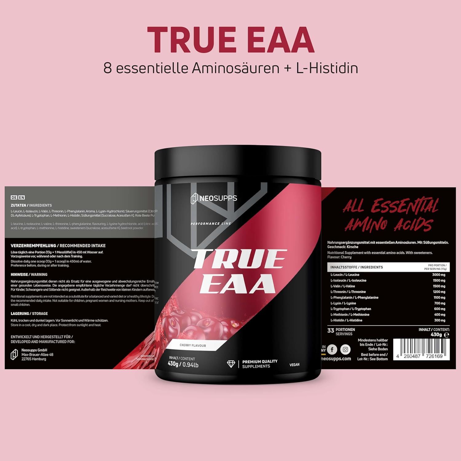 Schwarze Dose TRUE EAA mit rotem Etikett. Text: 8 essentielle Aminosäuren + L-Histidin. Produktinformationen. Aufschrift: ALL ESSENTIAL AMINO ACIDS.