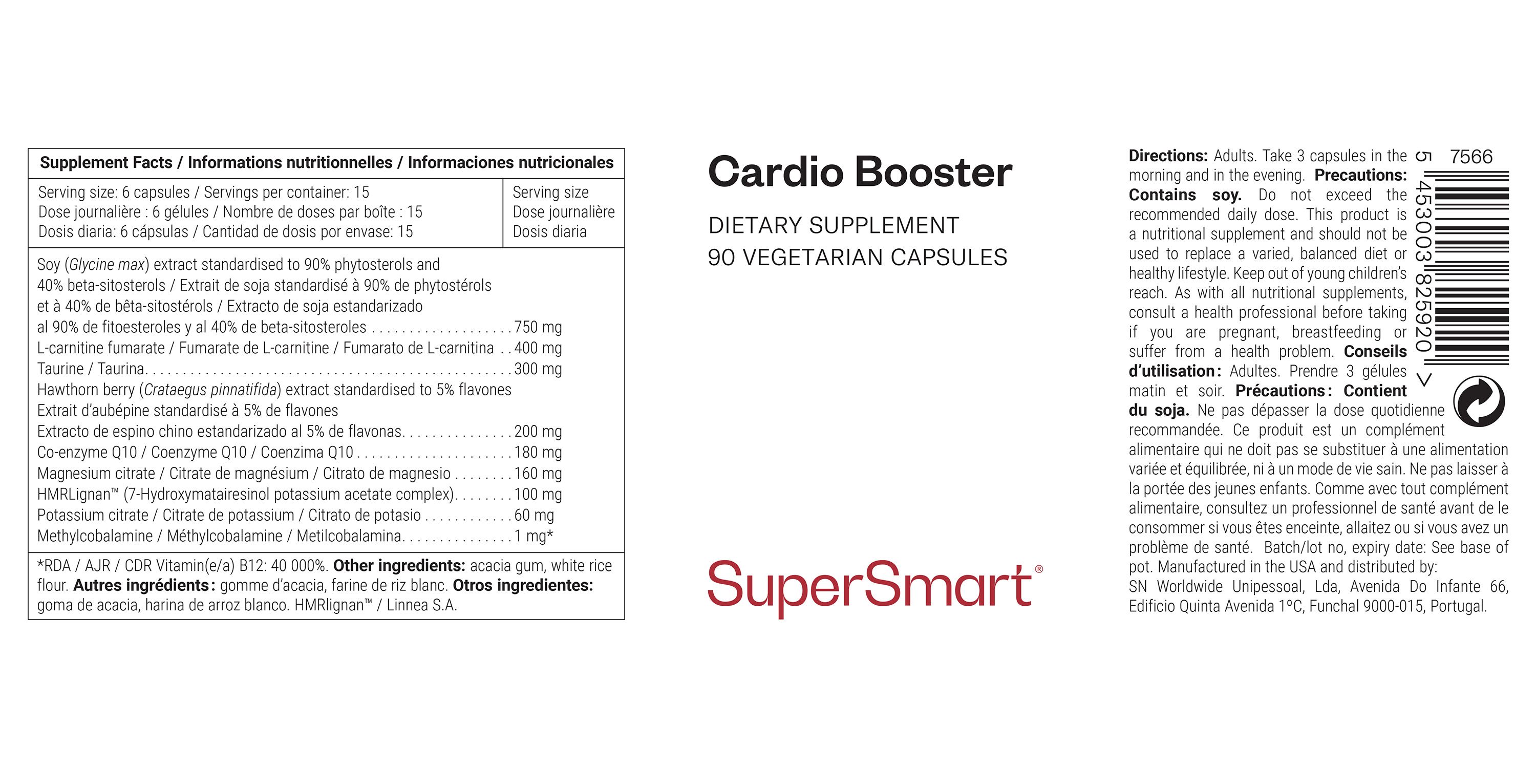 Etikett mit Produktinformationen. Enthält Text: Cardio Booster, SuperSmart, 90 vegetarische Kapseln. Zutatenliste und Nährwertangaben.