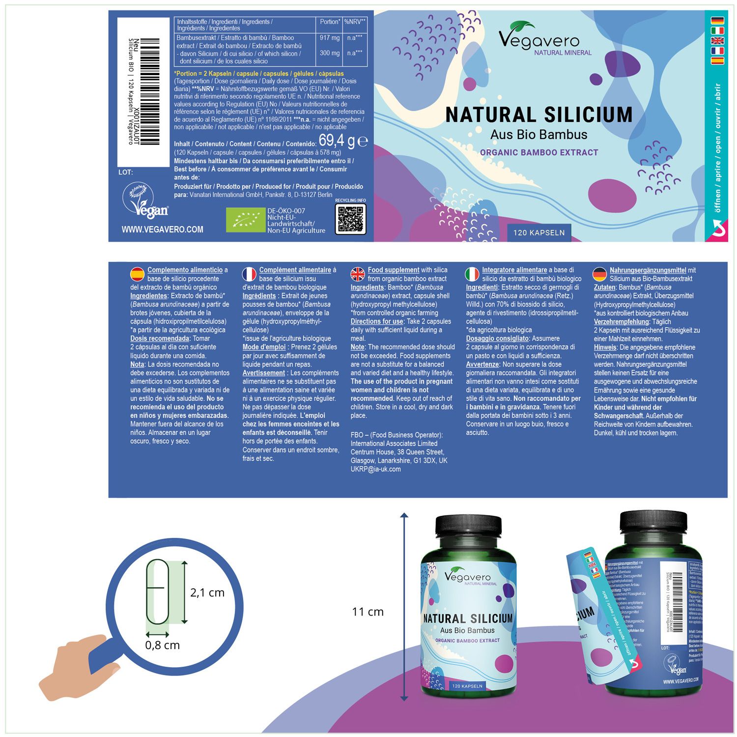 Produktverpackung mit Flasche und Beipackzettel. Flasche: NATURAL SILICIUM, 120 Kapseln. Maße: 11 cm hoch. Beipackzettel mit Text.