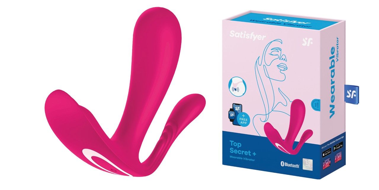 Pinkfarbener Vibrator mit geschwungener Form. Daneben Produktverpackung mit Logo und Produktname.