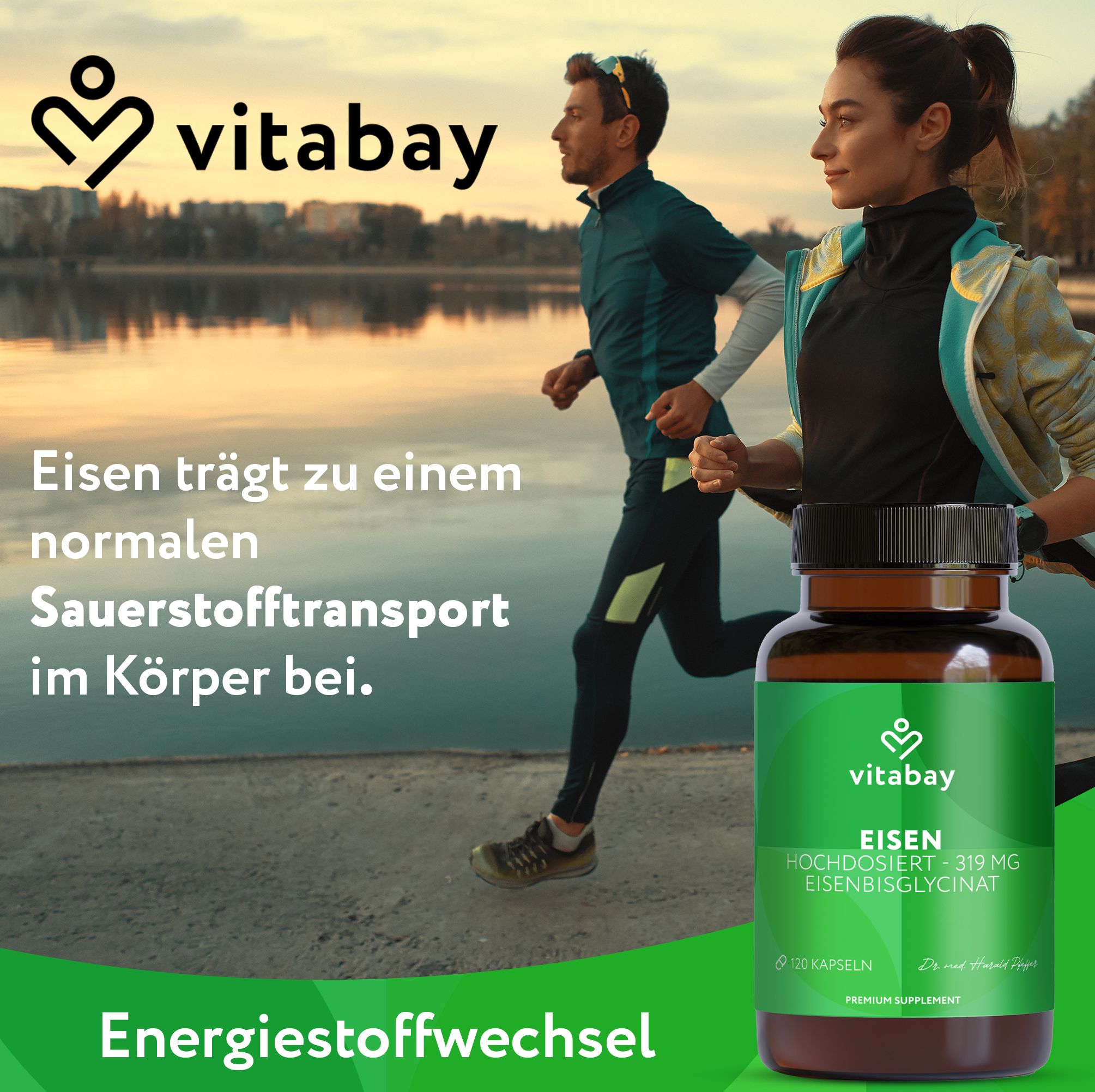 Werbebild mit Läufern und Flasche Vitabay Eisen Aktiv 319 mg. Text: Eisen trägt zu einem normalen Sauerstofftransport bei.