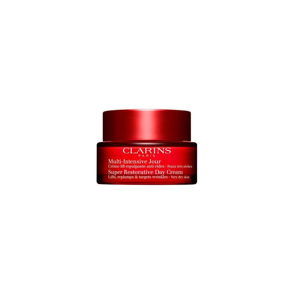 Roter Tiegel mit Creme. Text: Clarins, Multi-Intensive Jour, Super Restorative Day Cream.