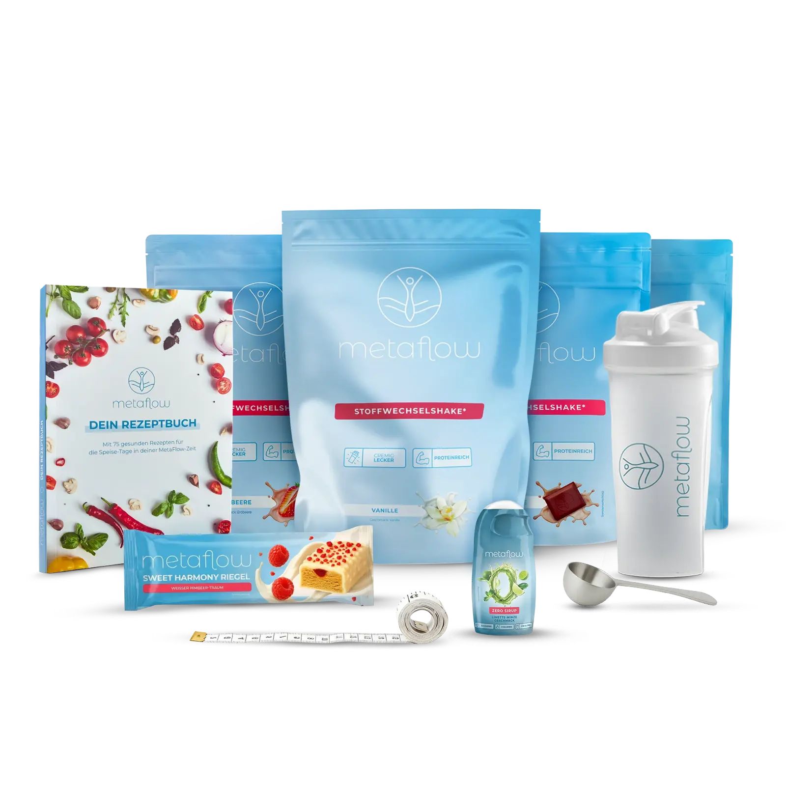 Starter-Set mit Rezeptbuch, Shakes, Shaker, Messlöffel, Riegel, Getränk, Maßband. Produkte mit MetaFlow-Logo und Text.