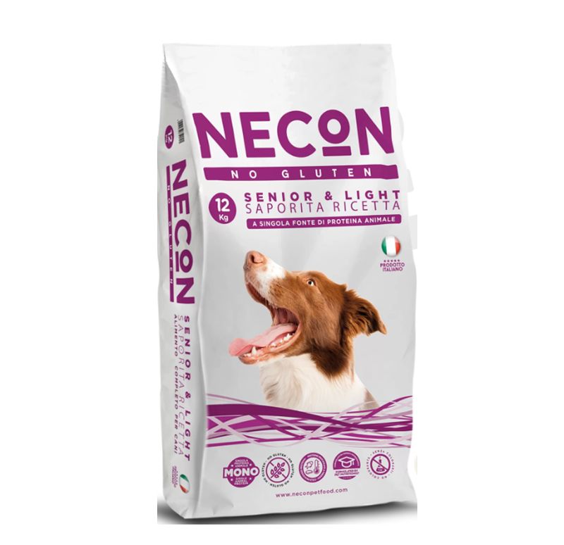 Hundefutterbeutel. Aufdruck: NECON, NO GLUTEN, SENIOR & LIGHT, 12 kg. Abbildung eines Hundes. Italienische Flagge.