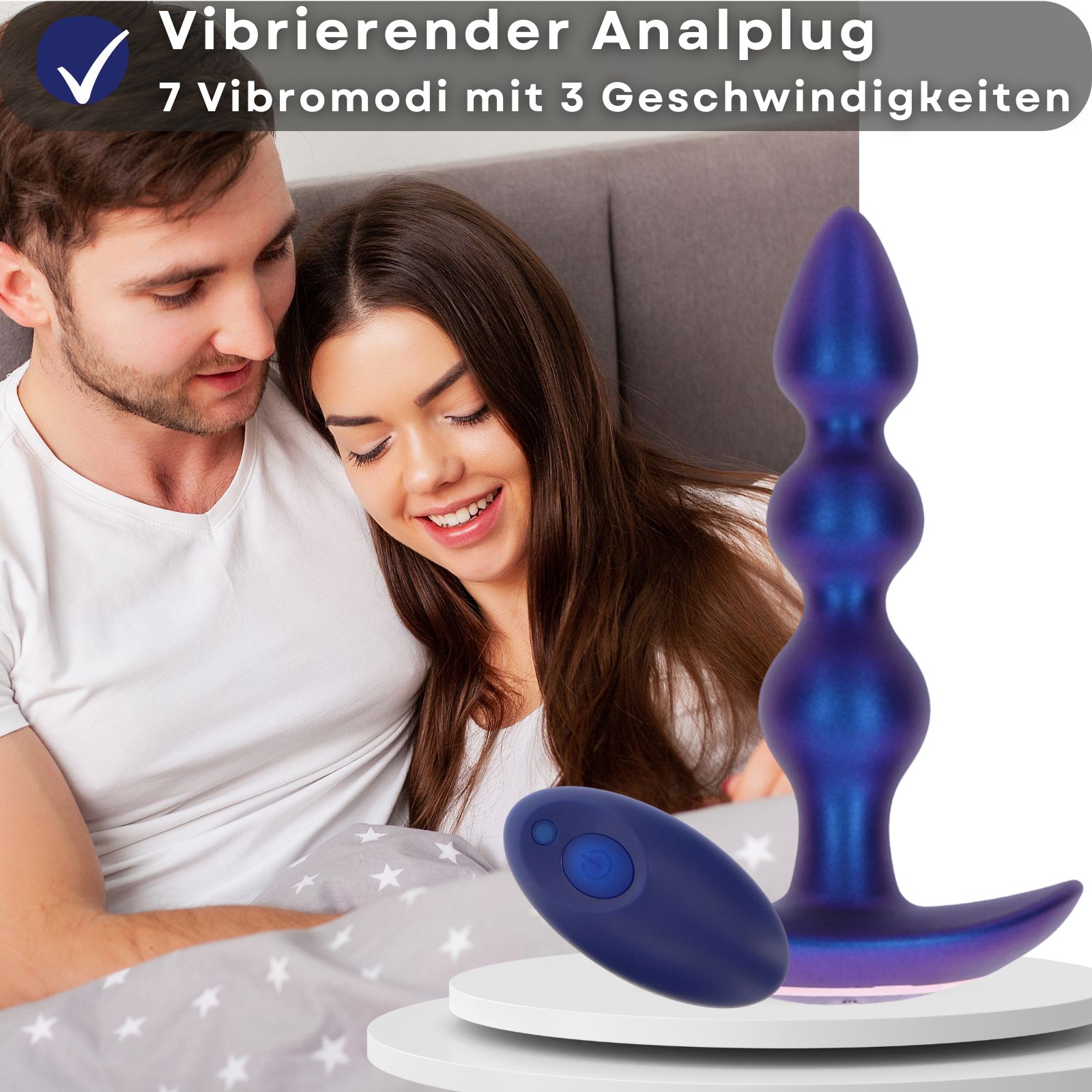Blauer Analplug mit Fernbedienung. 7 Vibrationsmodi mit 3 Geschwindigkeiten. Aus Silikon.