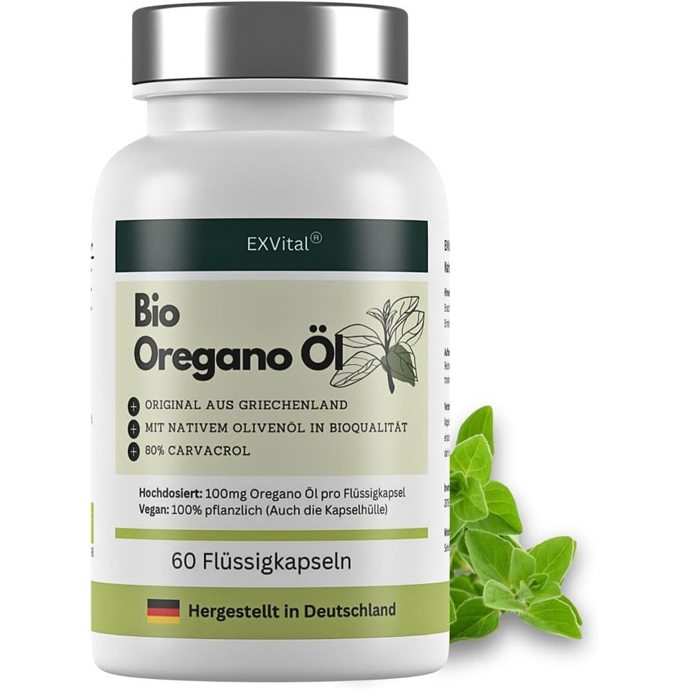 Weißes Fläschchen mit grünem Etikett. Aufschrift: Bio Oregano Öl, 60 Flüssigkapseln. Oregano-Blatt daneben.