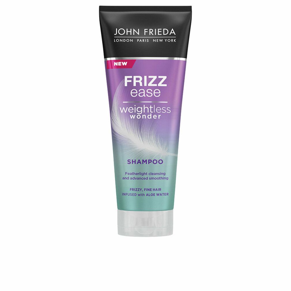 Shampoo-Tube mit Aufschrift Frizz Ease Weightless Wonder. Schwarzer Deckel, lila-grüne Farbverlauf, Feder-Illustration. Text: Shampoo, für feines Haar.