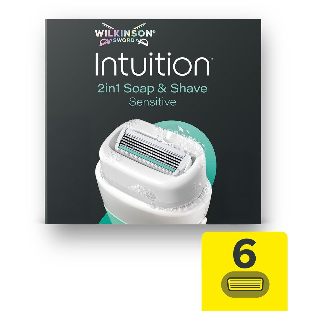 Verpackung mit Wilkinson Sword Intuition Rasierklingen, 4 Stück.