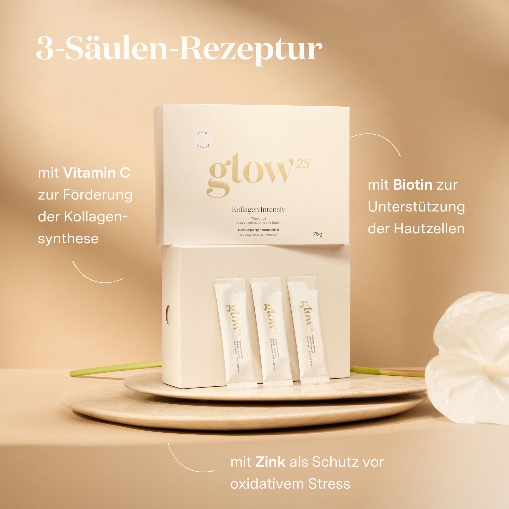 Glow25 Kollagen Intensiv: Vitamin C, Zink und Biotin. 3 Sticks und Schachtel. Auf Tablett.
