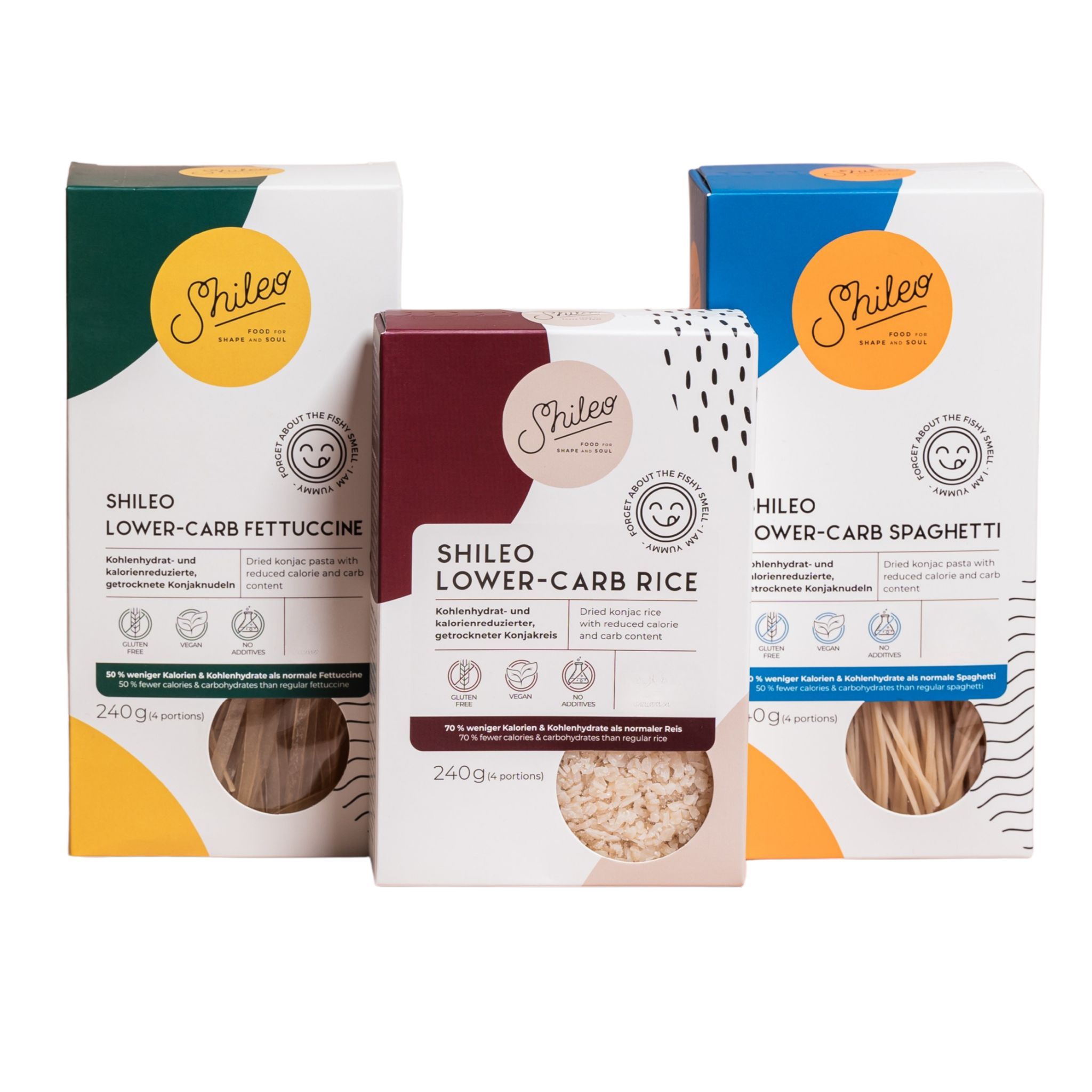 Drei Kartons SHILEO Nudeln & Reis. Fettuccine, Reis und Spaghetti. Verpackungen mit Logo, Produktnamen und Nährwertangaben.