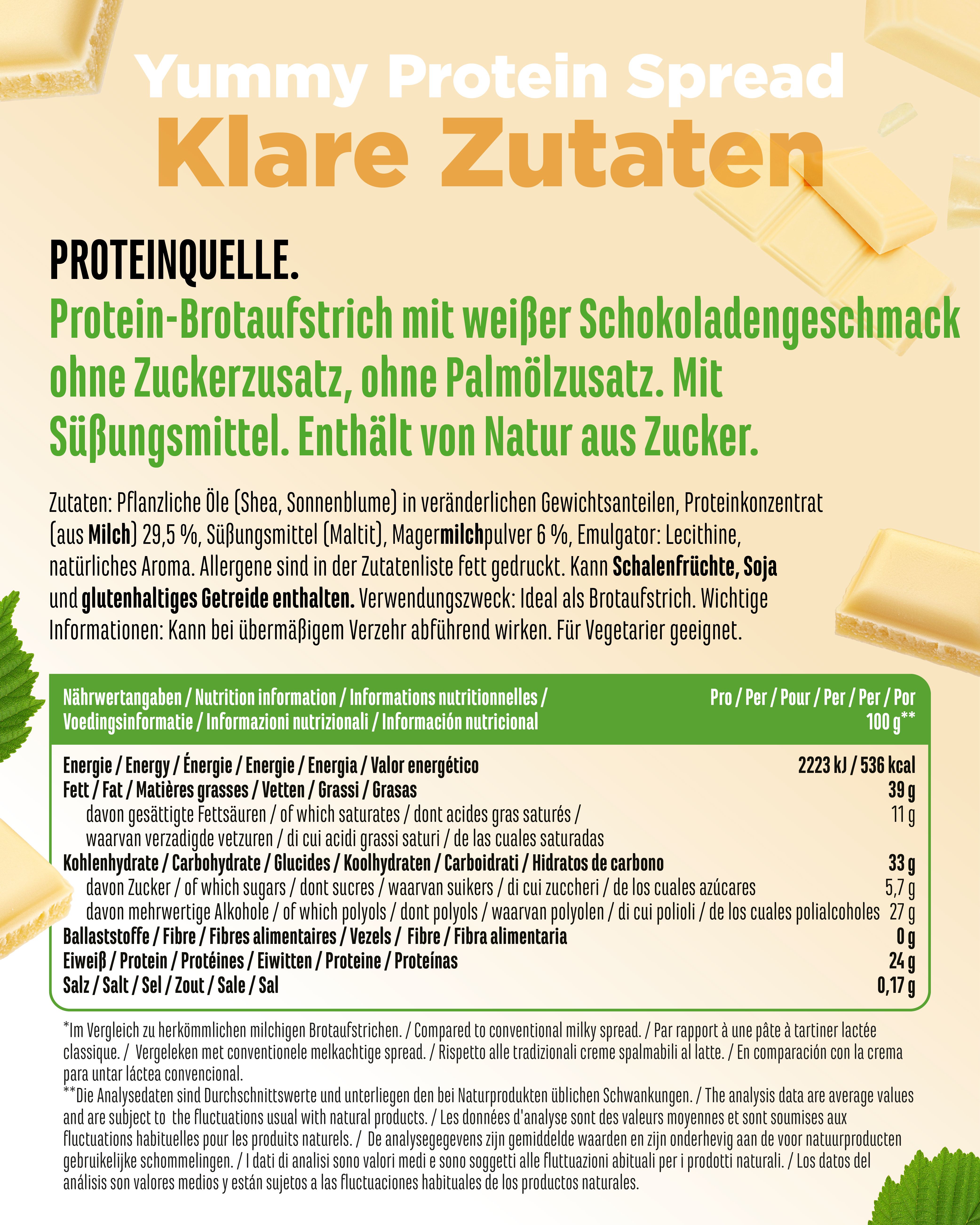 Vit4ever Yummy Protein Spread White Chocolate: Zutatenübersicht: Protein-Brotaufstrich mit weißem Schokoladengeschmack.