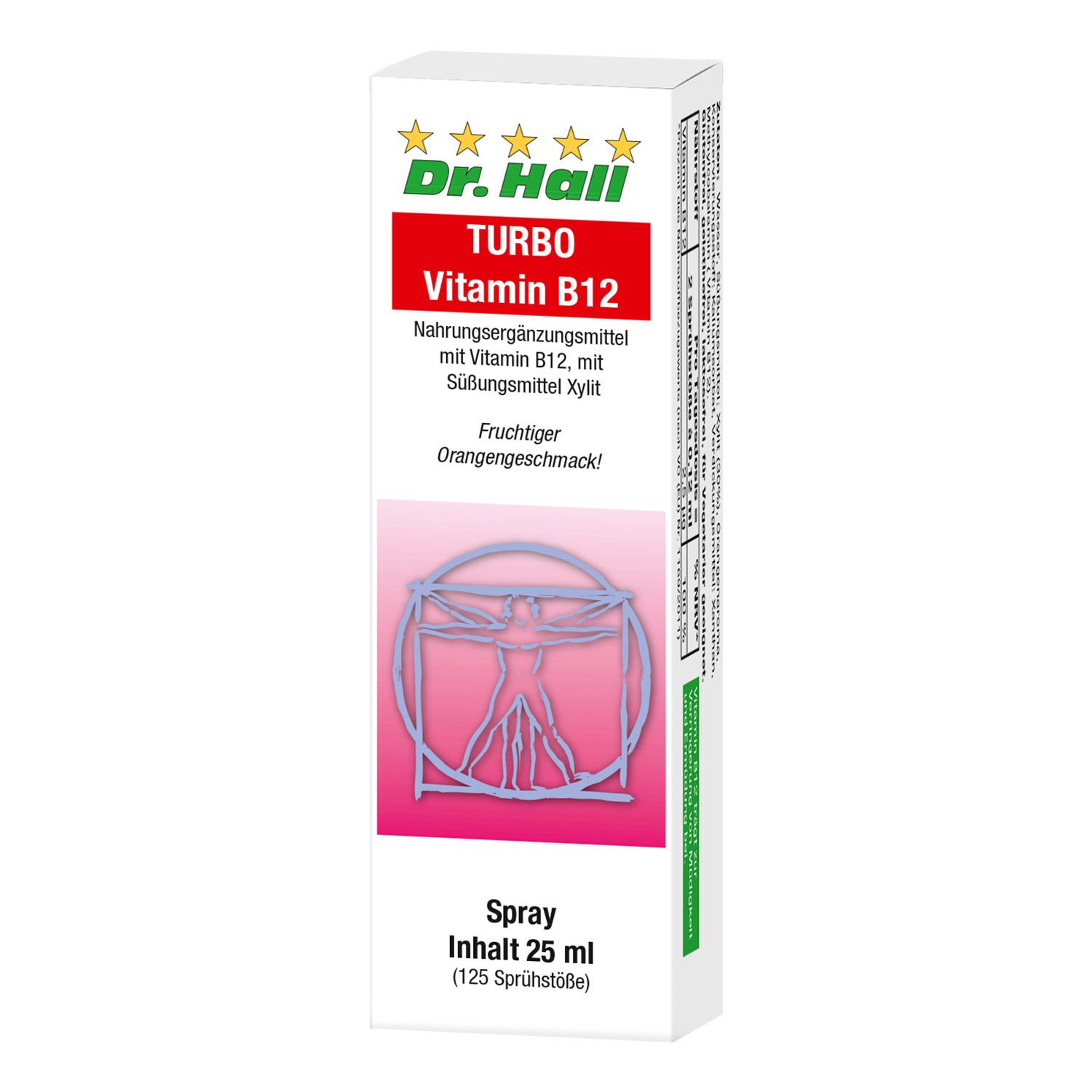 Weiße Schachtel mit Aufschrift Dr. Hall TURBO Vitamin B12. Enthält 25 ml Spray. Abbildung des Vitruvianischen Menschen.