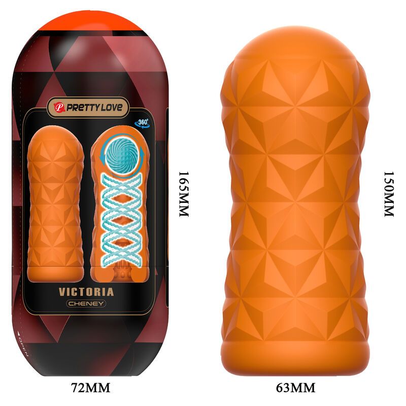 Ein Masturbator in Orange und seine Verpackung. Maße: 165mm x 72mm und 150mm x 63mm. Produktname: Victoria.