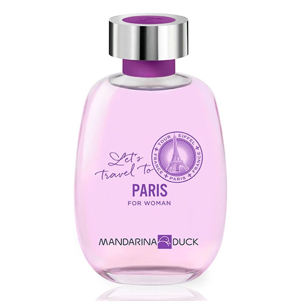 Rosa Flakon mit silbernem Deckel. Aufschrift "Lets Travel To Paris" und Eiffelturm. Marke: Mandarina Duck.