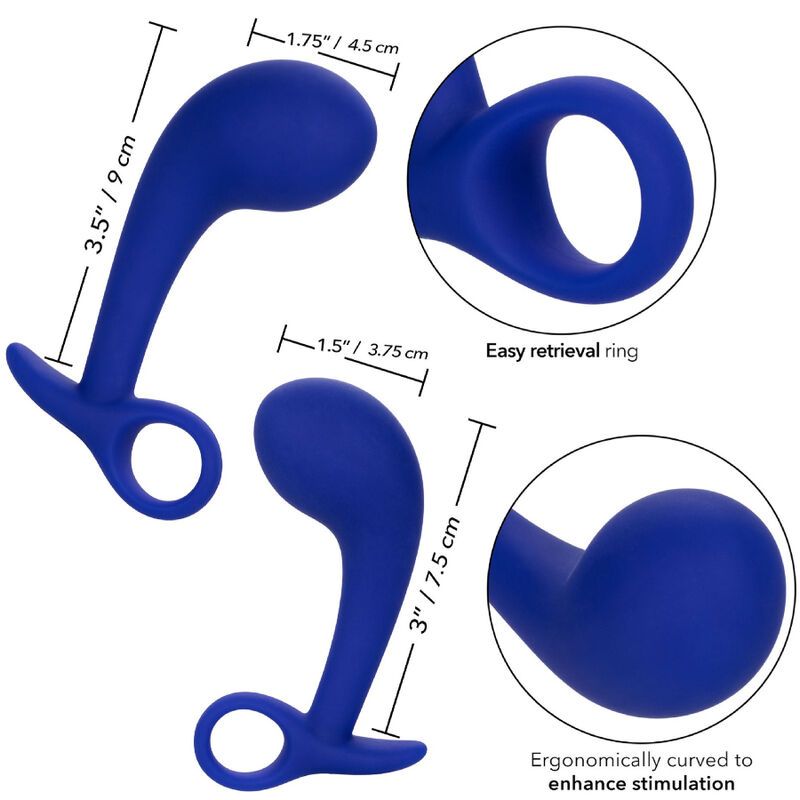 Zwei blaue Anal-Trainingshilfen mit Ring, Größenangaben. Ergonomisch geformt.