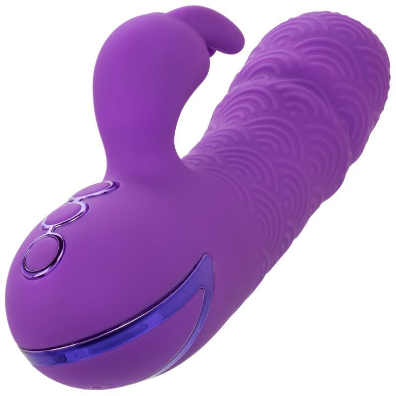 Lila Vibrator mit Hasenohren. Oberteil mit wellenförmigem Muster. Drei Knöpfe unten.