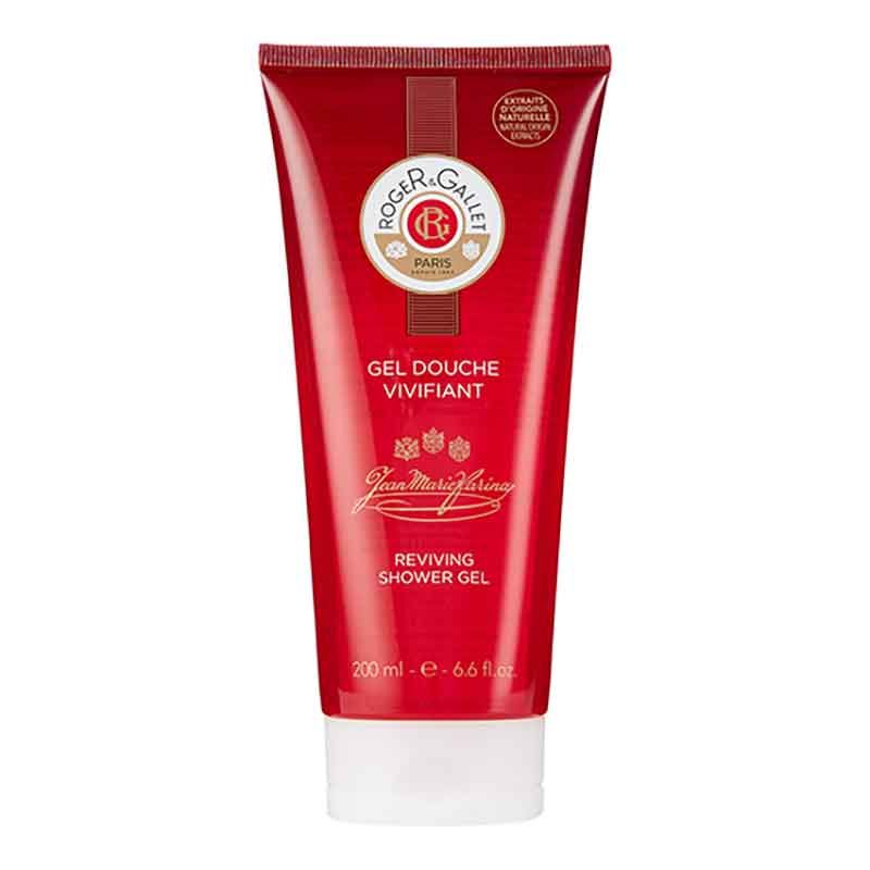 Rote Tube Duschgel. Logo ROGER & GALLET, Schriftzug 'Gel Douche Vivifiant'. Text 'Reviving Shower Gel'.