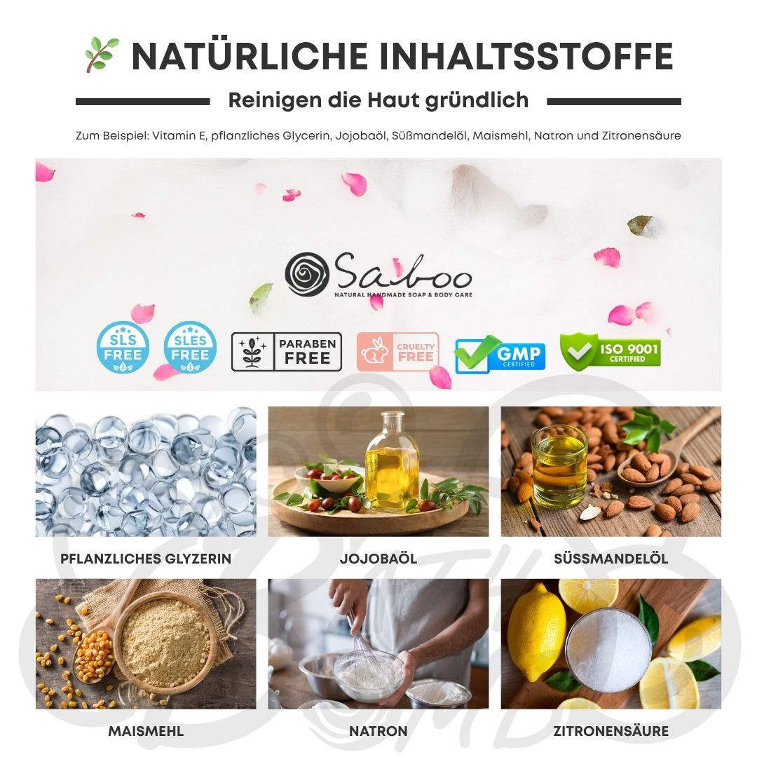 Infografik zu Inhaltsstoffen. Pflanzliches Glycerin, Jojobaöl, Süßmandelöl, Maismehl, Natron, Zitronensäure. Logos.