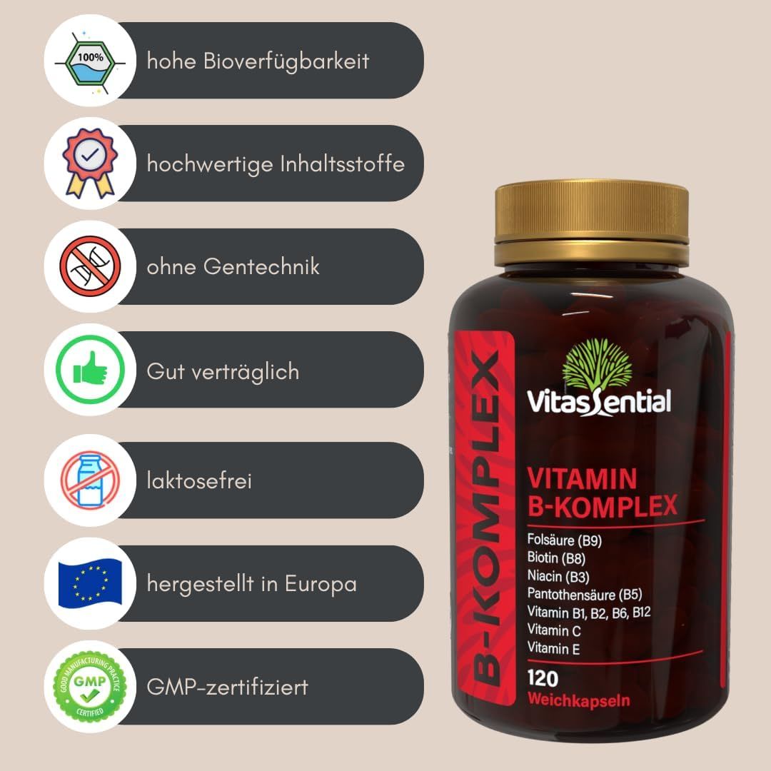 Braune Flasche mit goldfarbenem Deckel. Vitassential Vitamin B-Komplex, 120 Weichkapseln. GMP-Zertifizierung. Inhaltsstoffe und Qualitätssiegel.