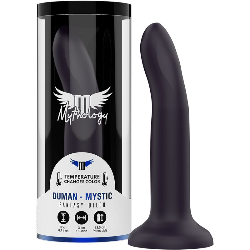 Dunkelvioletter Dildo in transparenter Verpackung. Marke: Mythology. Text: DUMAN - MYSTIC FANTASY DILDO. Maße.
