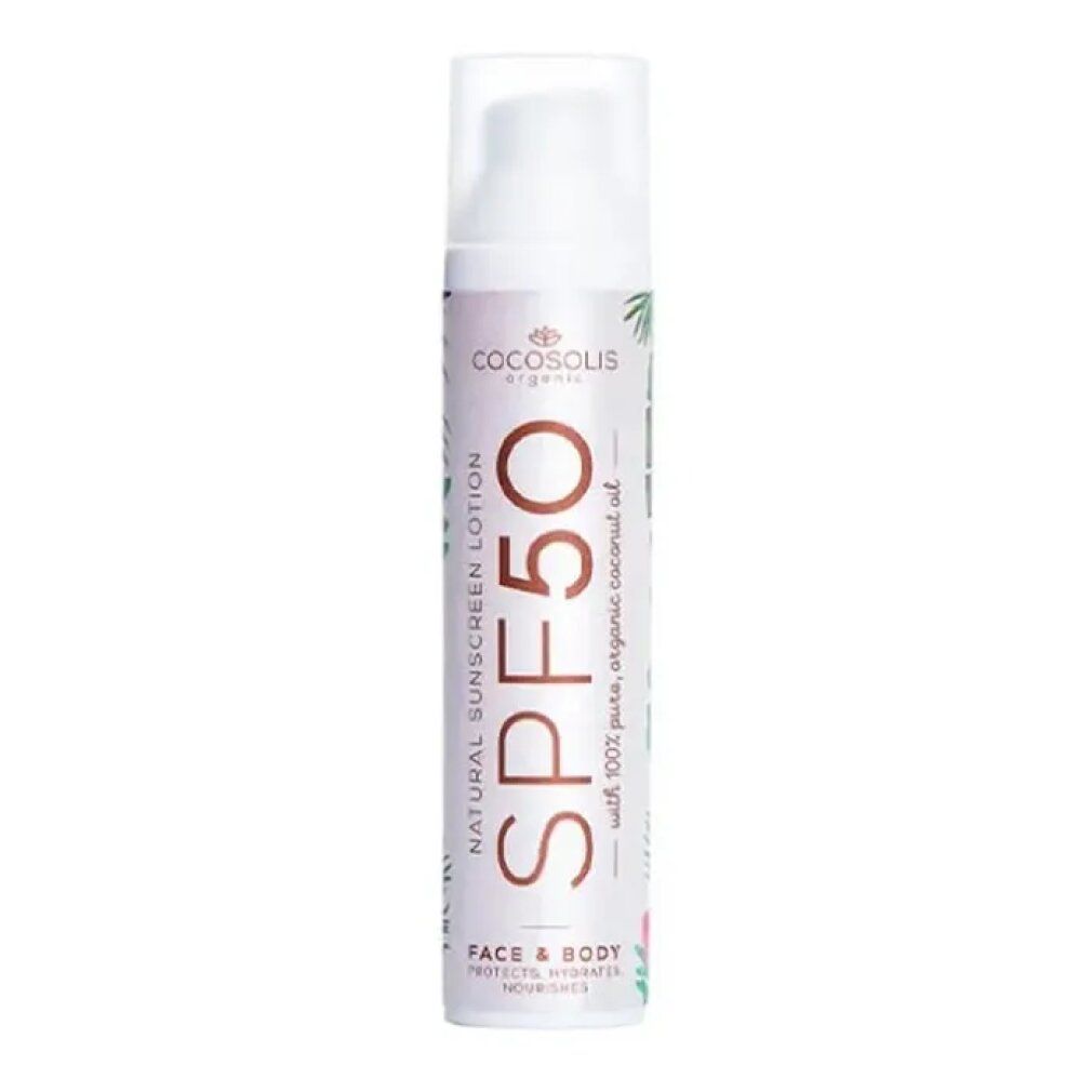 Sonnenmilch-Flasche mit SPF 50. Weißer Spender mit Aufschrift SPF 50, COCOSOLIS, Natural Sunscreen Lotion, Face & Body. Mit Kokosöl.