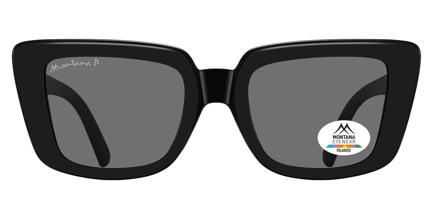 Schwarze Sonnenbrille mit quadratischen Gläsern. Montana Eyewear Logo auf dem linken Bügel und Aufkleber auf dem rechten Glas. Polarisierte Gläser.