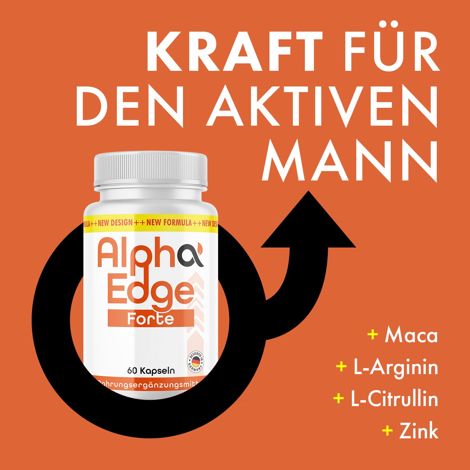 Produktflasche mit Aufdruck Alpha Edge Forte. Text: Kraft für den aktiven Mann. Inhaltsstoffe: Maca, L-Arginin, L-Citrullin, Zink. Männliches Symbol.